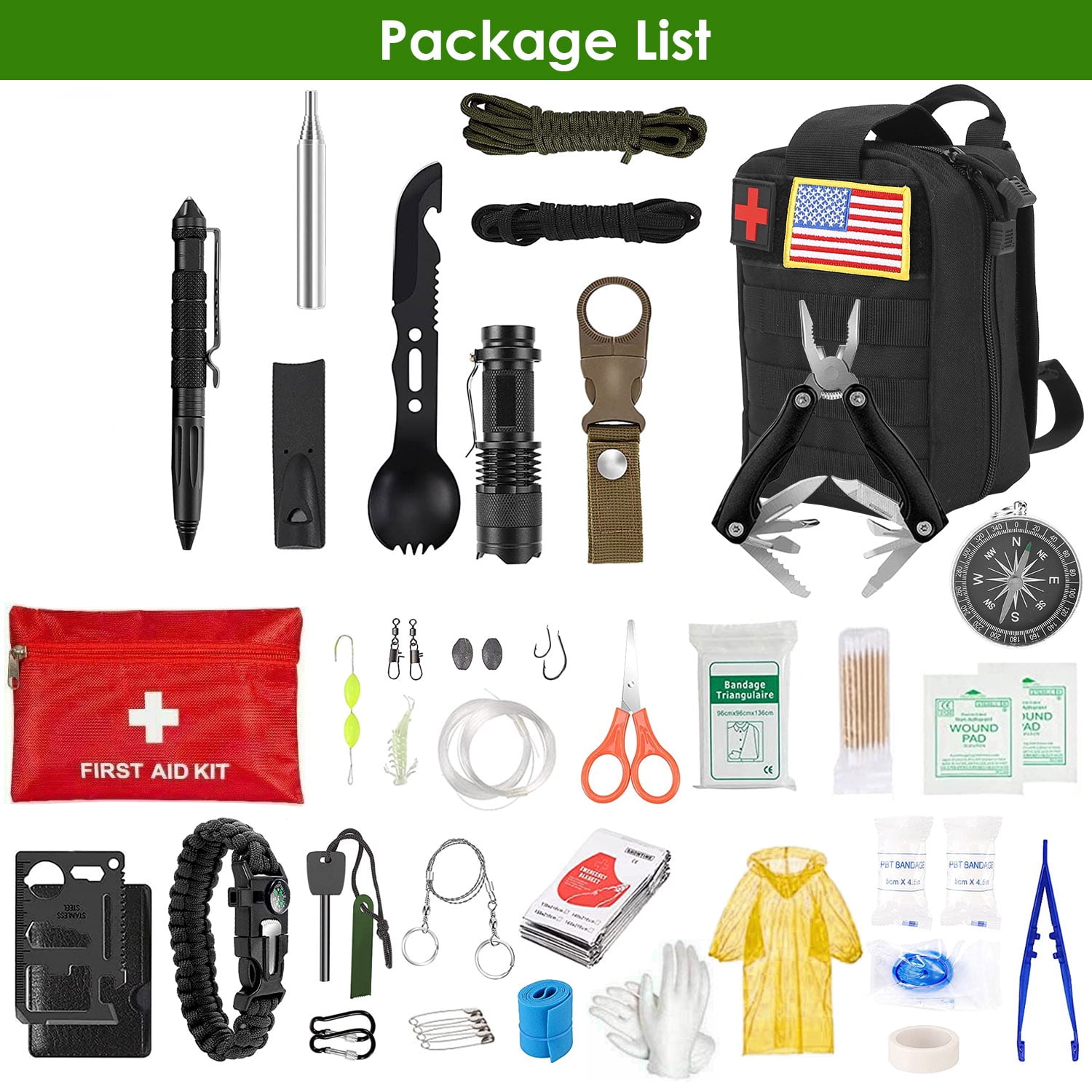 Moclever 46Pcs Survival Kit, 1.98lbs Outdoor Professional Emergency Survival Gear First Aid Kit
