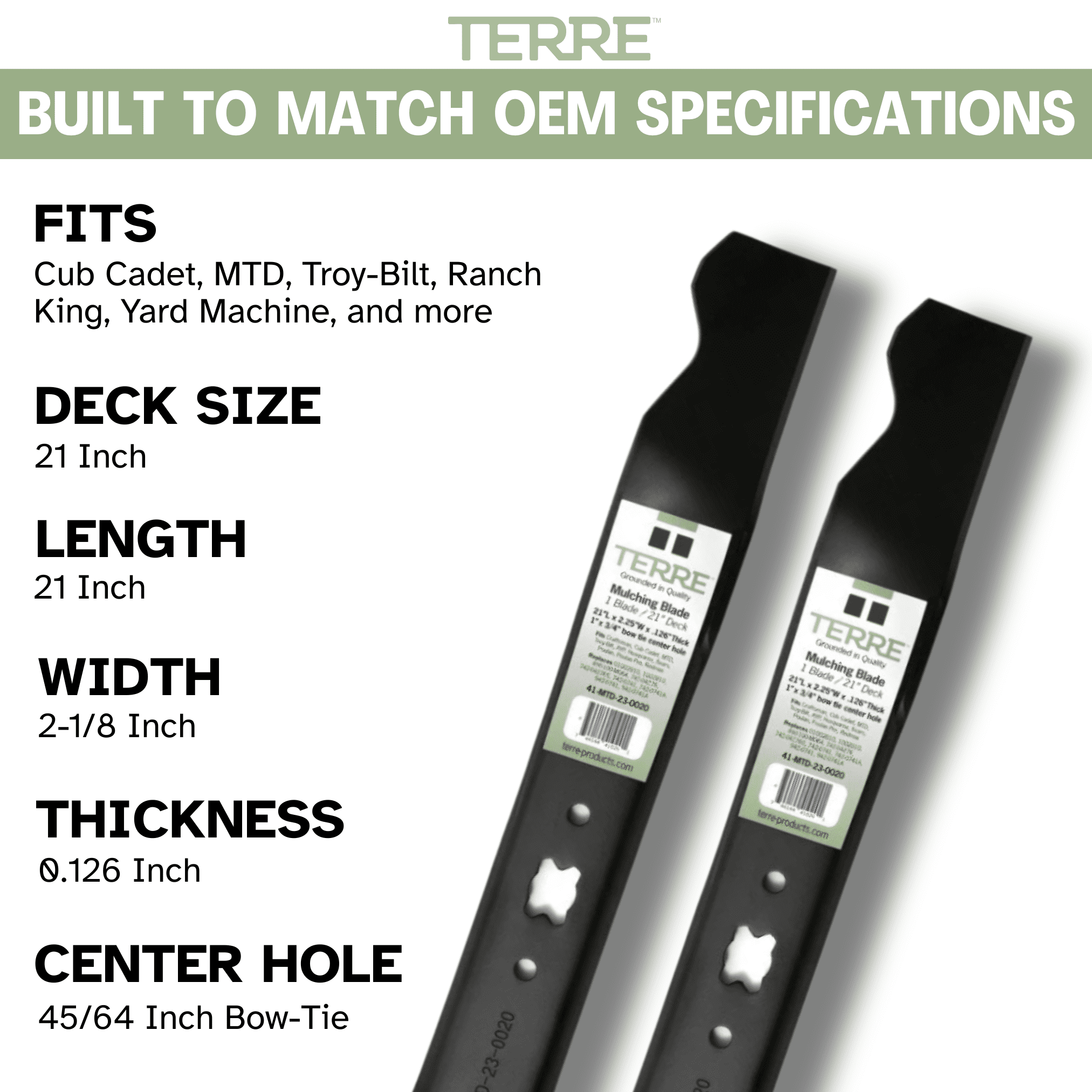 Terre Mulching Lawn Mower Blade, 21 in for MTD, Cub Cadet, TroyBilt