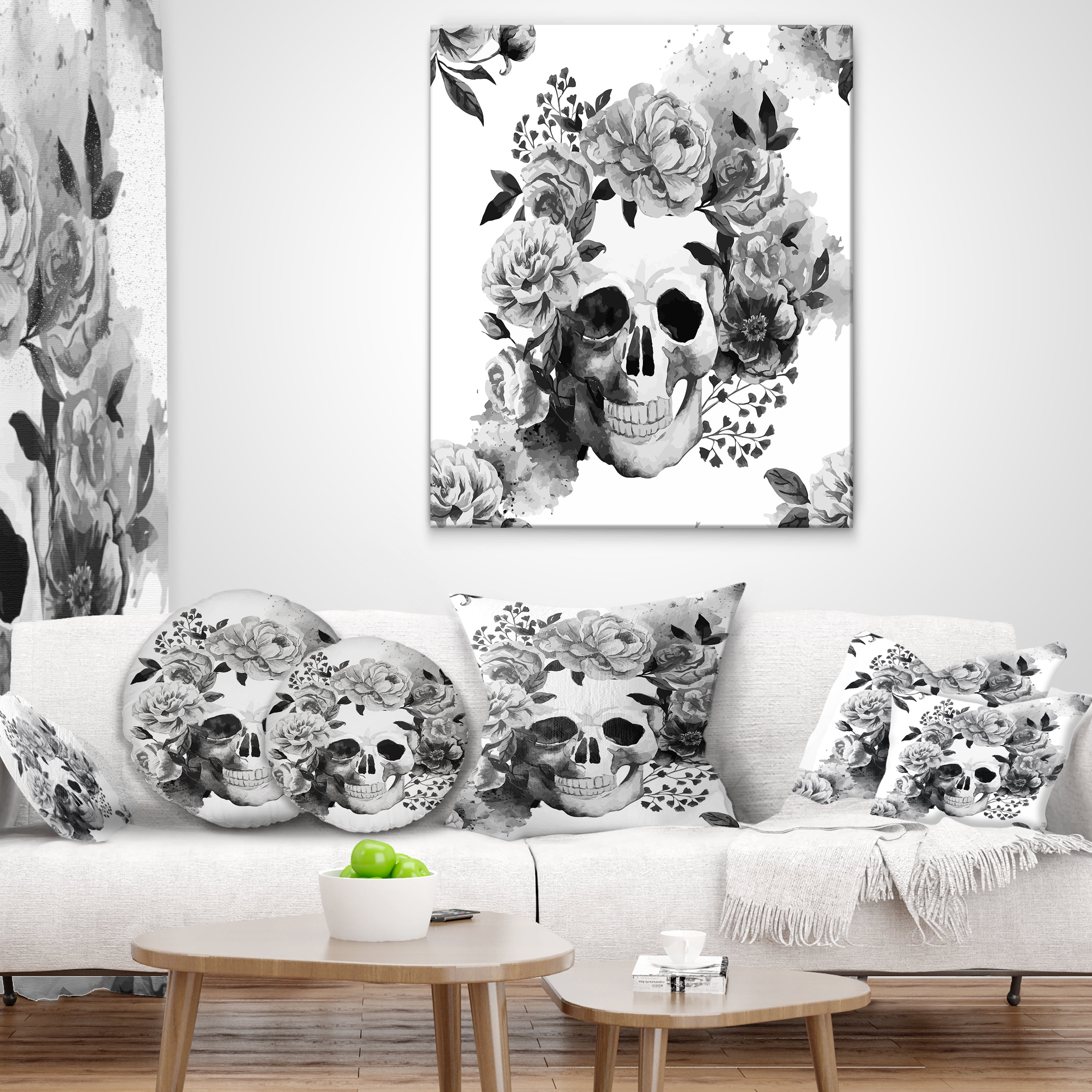 Designart Peony Watercolor Skull - Abstract Throw Pillow - 12x20