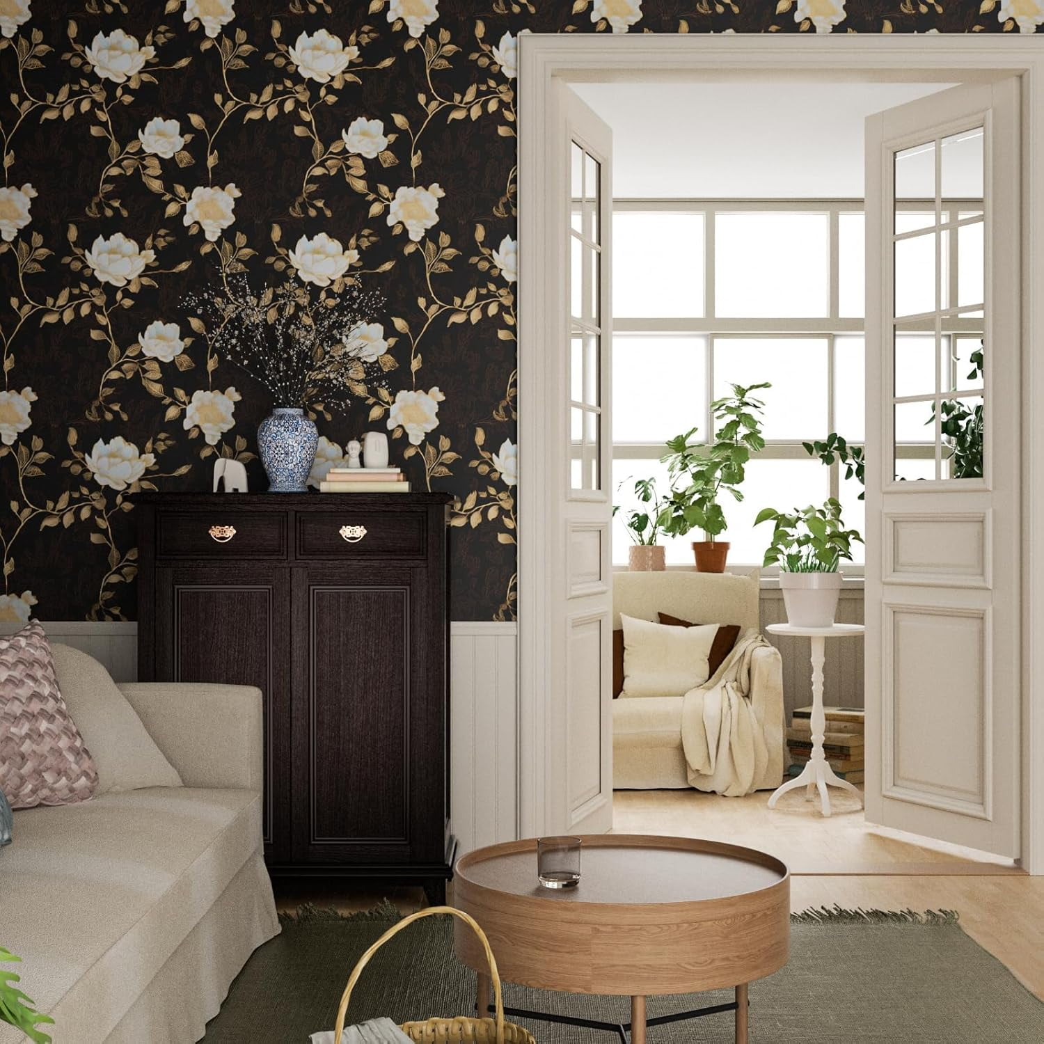 Black Golden Floral Peel and Stick Wallpaper Flowers Contact Paper 17.5"x118" Self Adhesive Waterproof Vintage Dark Wall for Shelf Liner Cabinet Decor