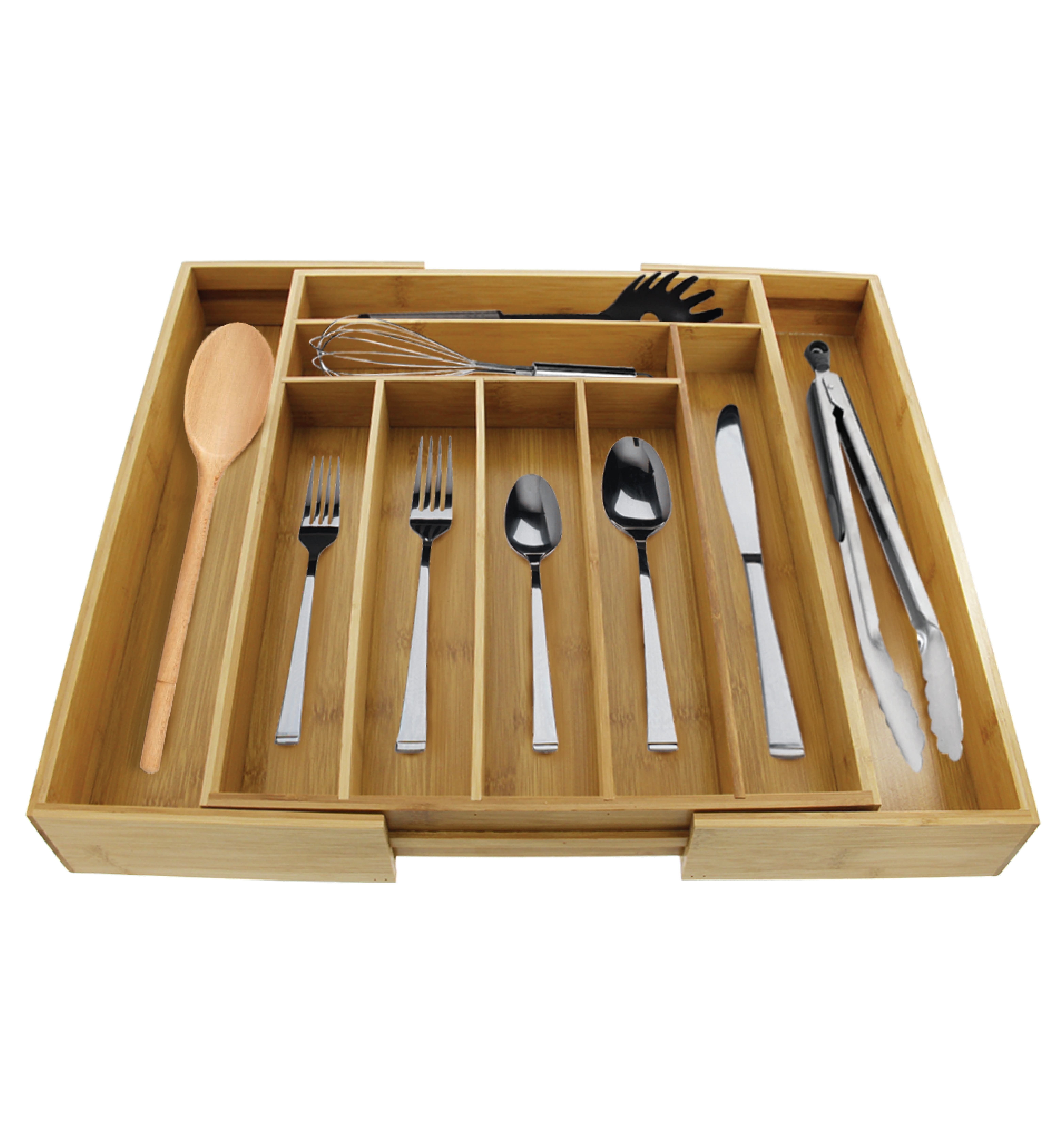 Tray Organizer Bamboo Drawer Cutlery Kitchen Utensil Expandable Flatware Storage 