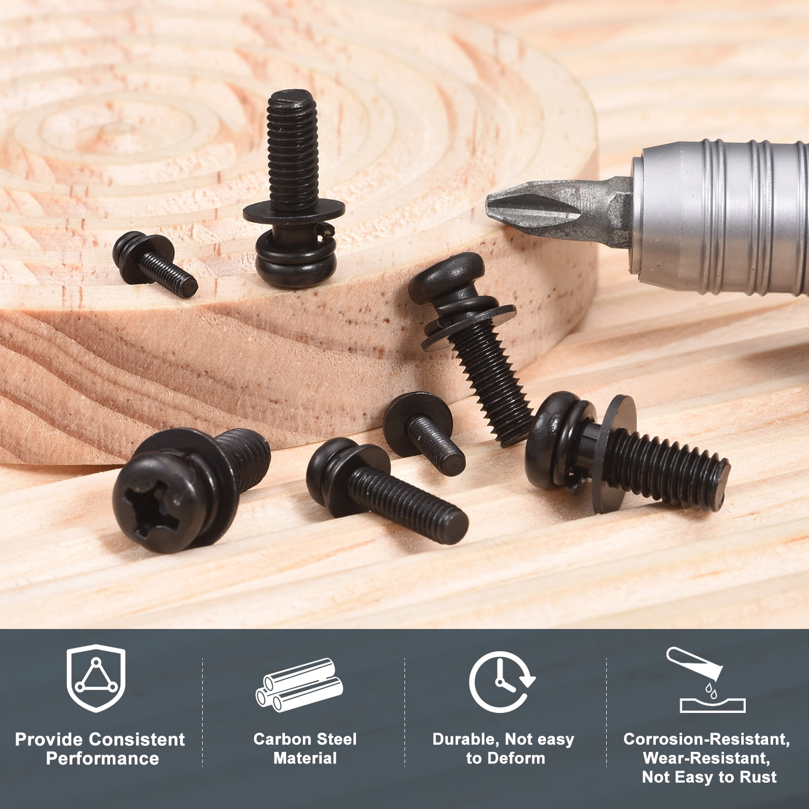 Uxcell M6 x 40mm Carbon Steel Phillips Pan Head Machine Screws Bolts Combine with Spring Washer and Plain Washers 50pack