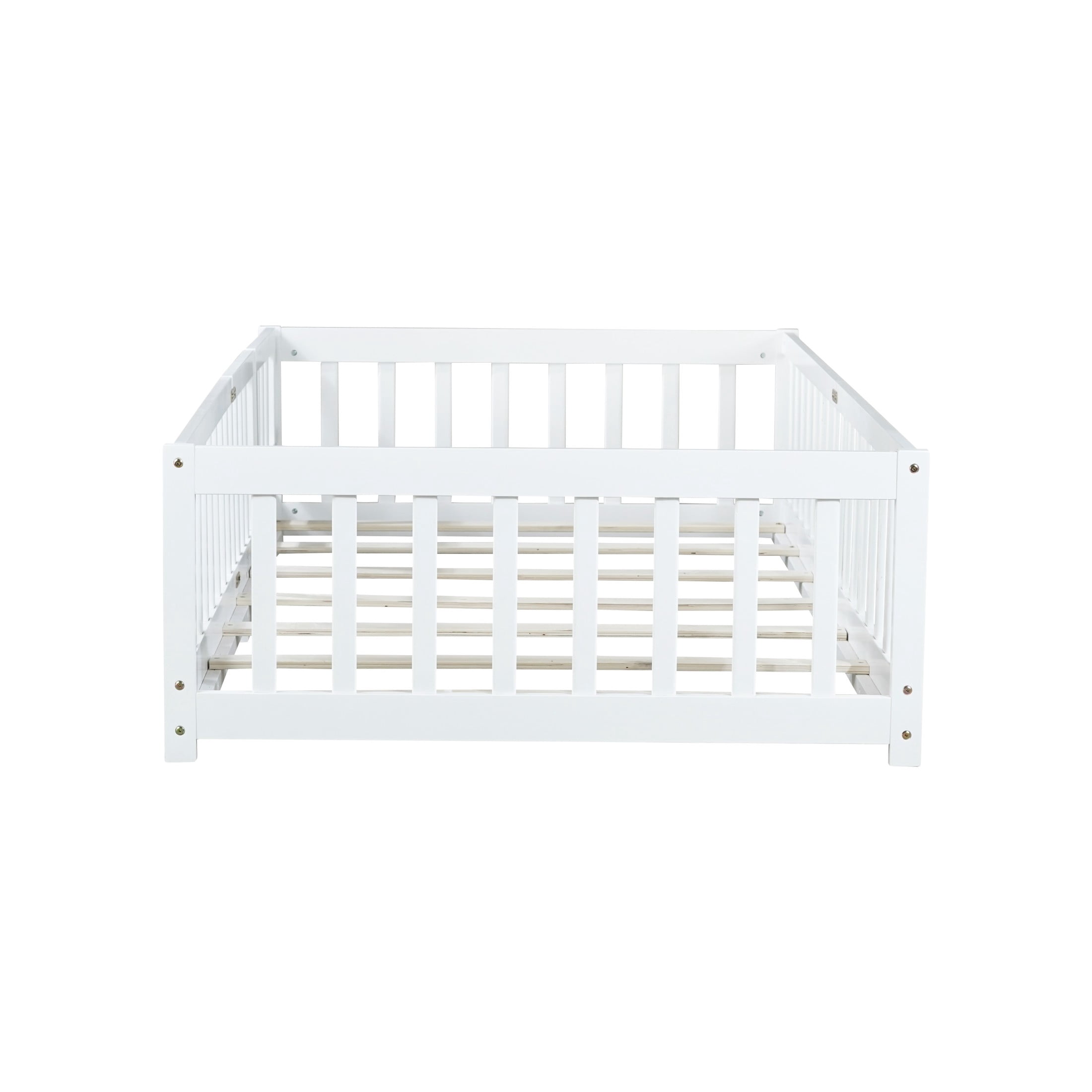 Noble House Twin Floor Bed with Safety Guardrails and Door, Rubber Wood Montessori Bed, Kid's Room, White
