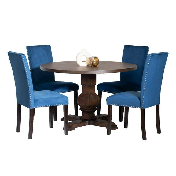 Roundhill Furniture Fordsville 5 Piece Transitional MDF & Oak Dining Table Set, Blue