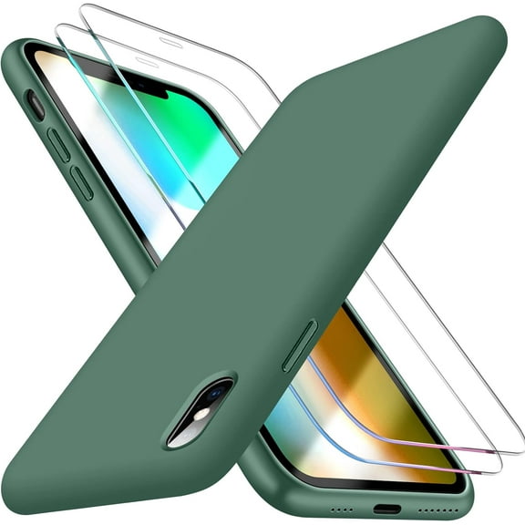 [3 in 1 Designed for iPhone Xs Max Case, with 2 Pack Screen Protector, Slim Liquid Silicone Phone Case for iPhone 10 Xs Max 6.5 Inch, [Anti-Scratch] [Drop Protection]… (Green)