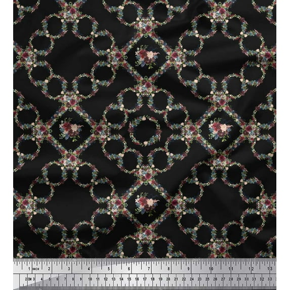 Soimoi Black Cotton Cambric Fabric Floral Wreath Geometric Printed Fabric 1 Yard 42 Inch Wide