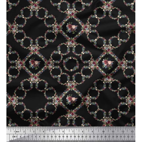 Soimoi Black Cotton Duck Fabric Floral Wreath Geometric Print Sewing Fabric Yard 44 Inch Wide