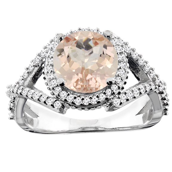 10K White Gold Natural Morganite Ring Round 8mm Diamond Accent, size 5.5