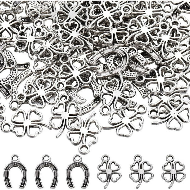 200 amuletos de herradura plateados con forma de trébol de cuatro hojas de la suerte, ideales para bodas.