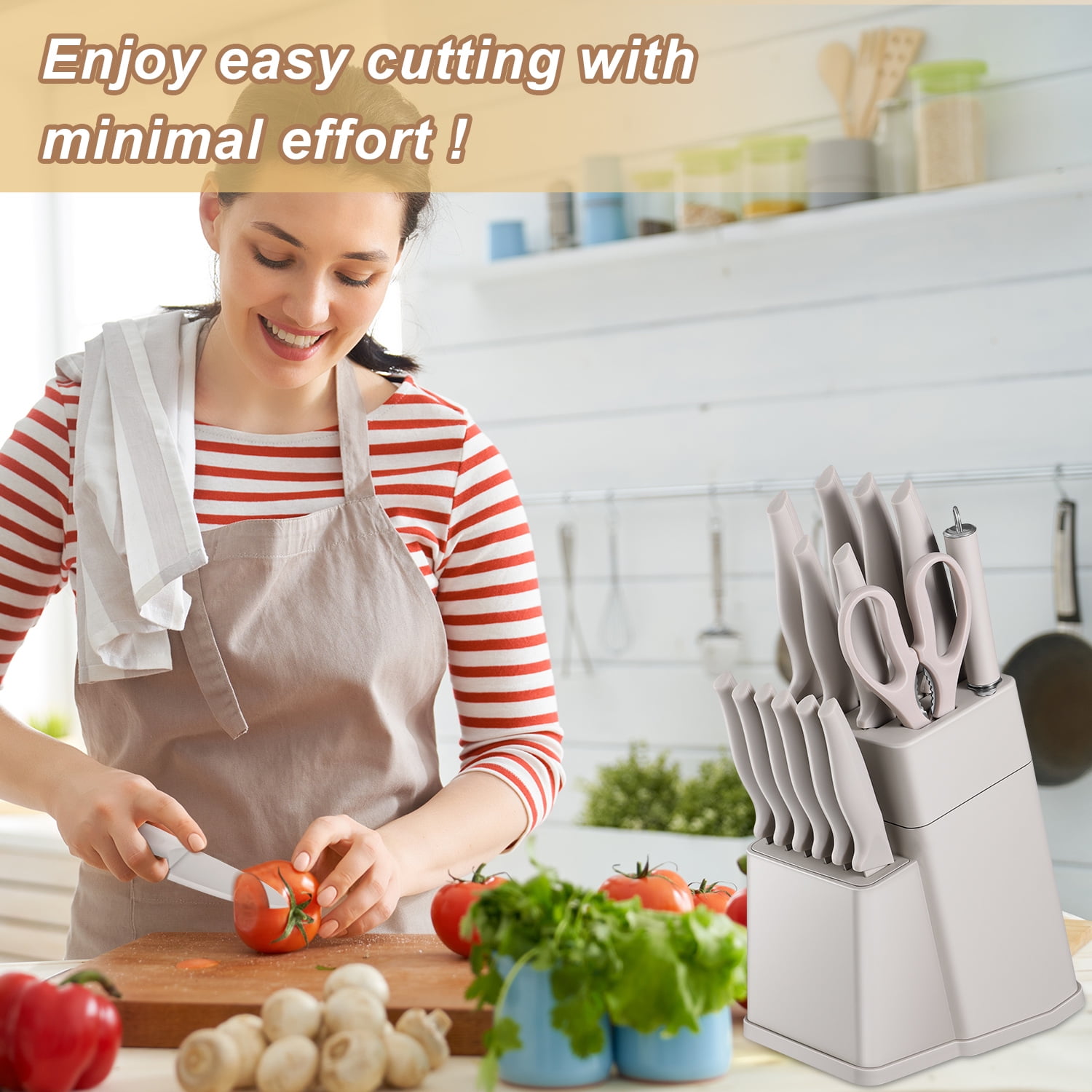 Vesteel Knife Set for Kitchen with Block, 15 Pcs High Carbon Stainless Steel Kitchen Knife Set with Self Sharpening - Khaki
