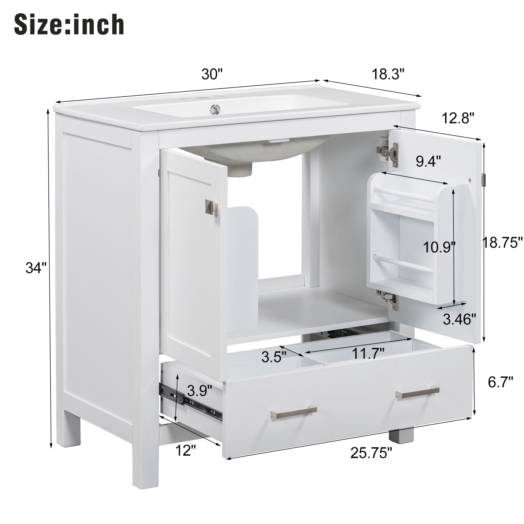 Euroco 30" White Bathroom Vanity with Single Sink, Combo Cabinet Undermount Sink, Bathroom Storage Cabinet with 2 Doors and a Drawer, Soft Closing, Multifunctional Storage, Solid Wood Frame