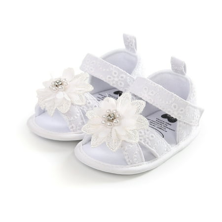 

Carolilly Toddler Baby Girls Lace Beads Floral Summer Sandal Cotton Princess Shoes Mary Jane Shoes Soft Sole