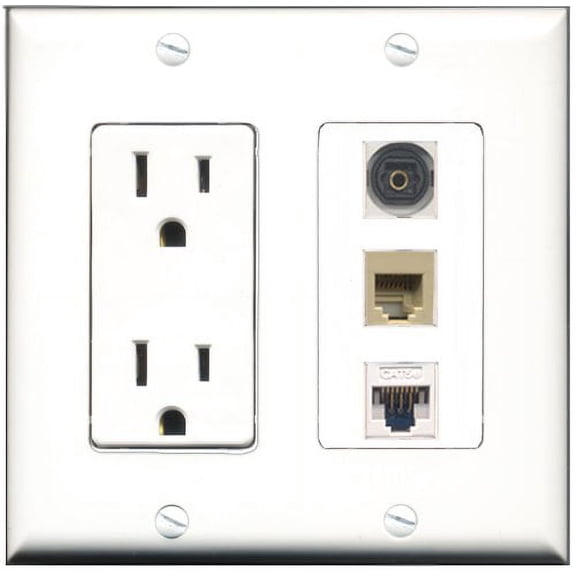 RiteAV - 15 Amp Power Outlet 1 Port Phone Beige 1 Port Toslink 1 Port Cat5e Ethernet White Decorative Wall Plate