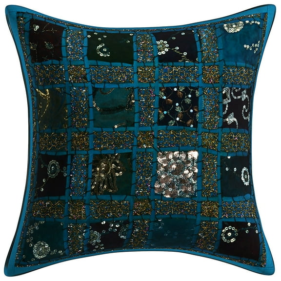 DK Homewares Bohemian Decorative Sofa Throw Pillow Cover 16 Inch Cotton Patchwork Geometric Indian Square Couch Cushion Cover (Size - 40x40 cm ; Color: Turquoise ) - 1 Pcs (Cover Only)