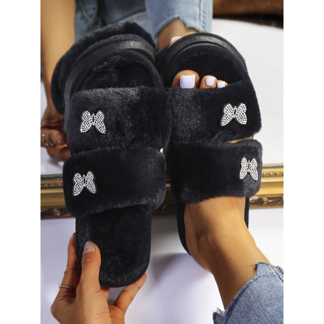 Rhinestone Butterfly Decor Fluffy Slippers,Women's Four Butterfly Adhesive Decorative Double-strap Flat Slippers, Black Furry Casual Slip-resistant Be
