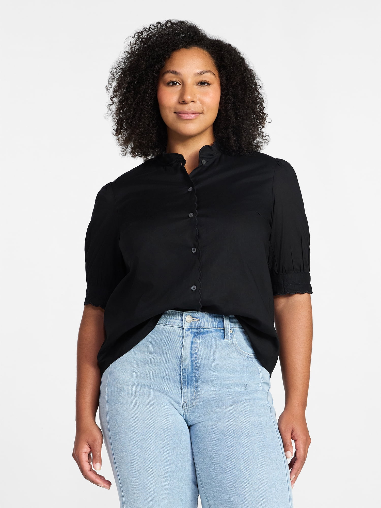 Time and Tru Women's Cotton Scalloped Edge Blouse with Short Sleeves, Sizes XS-XXXL