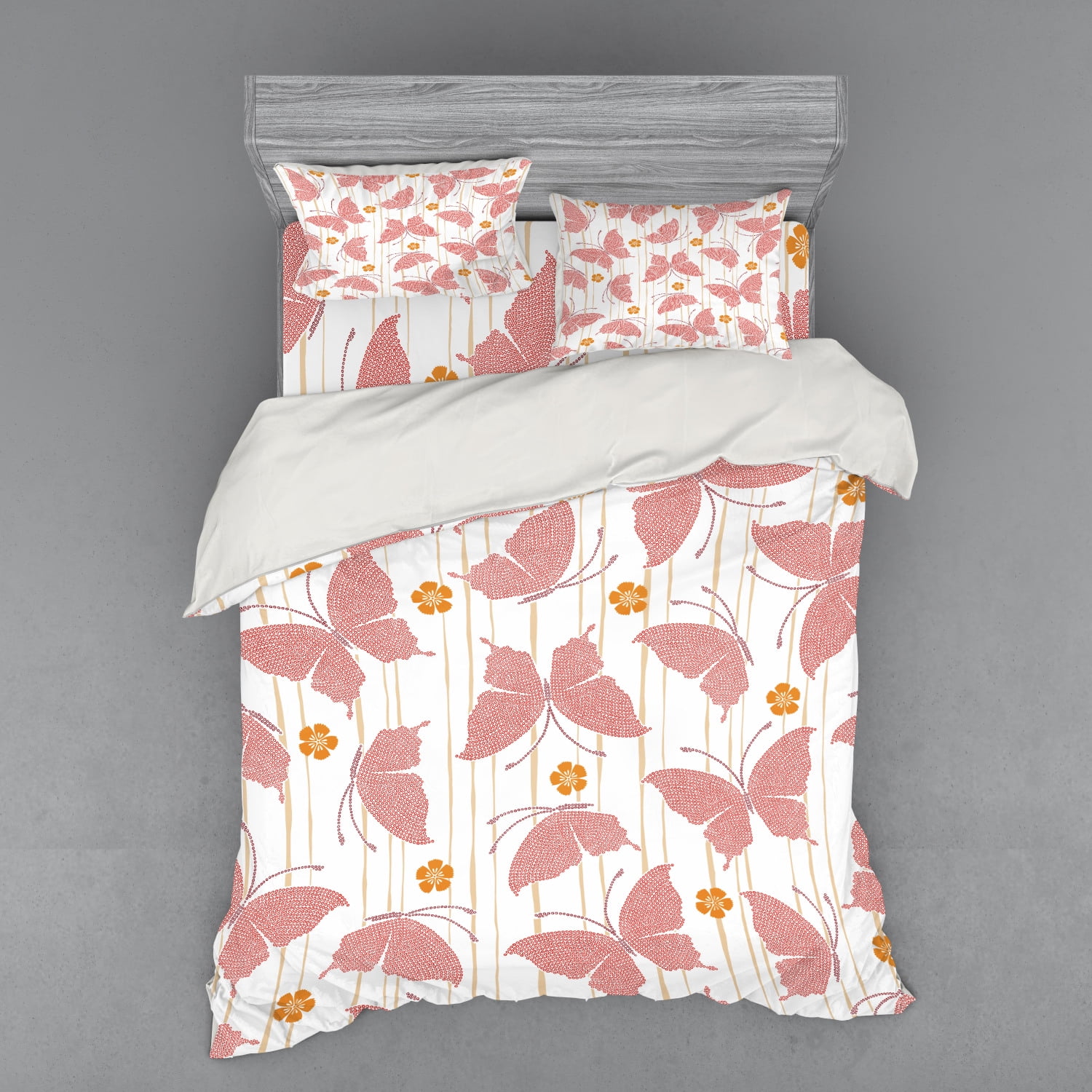 Butterfly Duvet Cover Set, Pattern of Butterflies Small Flowers with