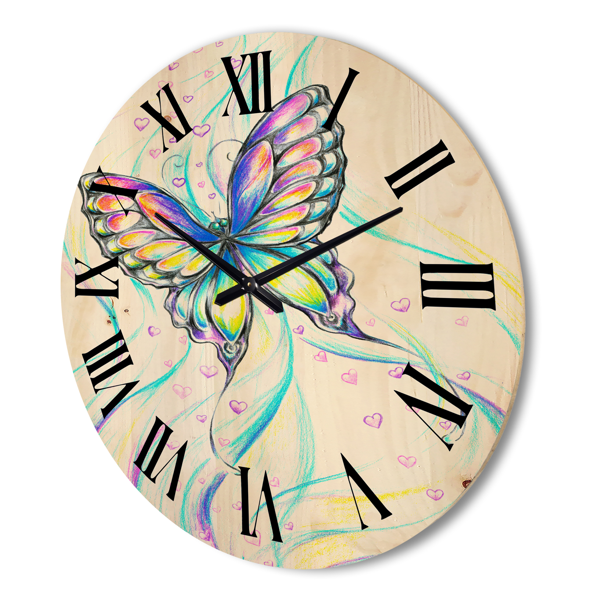 Designart 'Iridiscent Colorful Butterfly' Traditional Wood Wall Clock