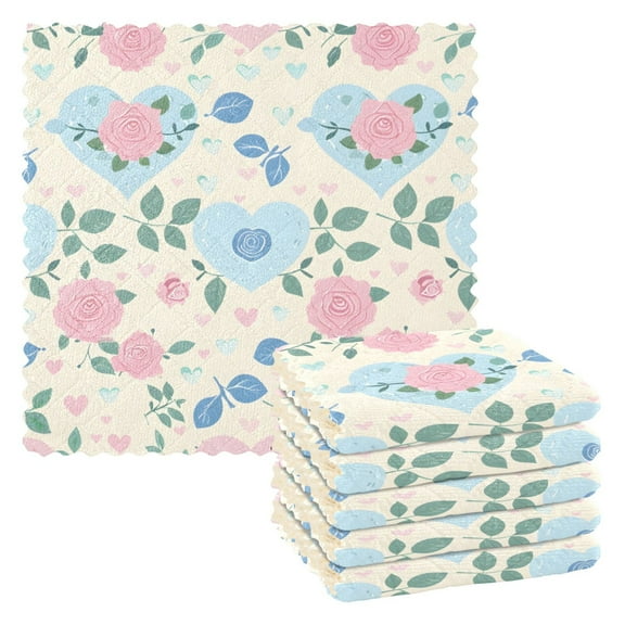 Kitchen Dish Towels Soft Absorbent Dish Cloths 11"x11" Pastel Hearts and Roses 6 Packs
