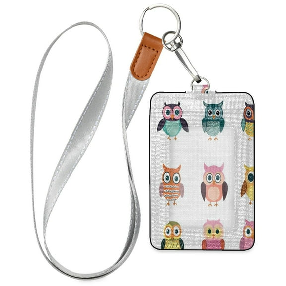 PU Leather ID Badge Holder Stylish Badge Holders with Lanyard (4.3x2.8x0.3in) for Cards & Credentials Colorful Cute Owls
