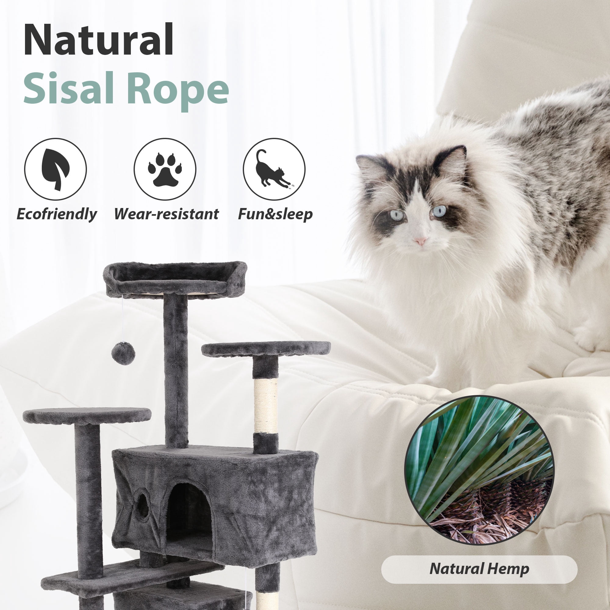 CL.HPAHKL 54-Inch Large Cat Tower with 3 Scratching Posts, Tall Cat Tree Tower with Big Cat Condo for Indoor Cat Plush Multi-Level Cat Condo with Hanging Toy for Kittens Pet House Play, Ashy