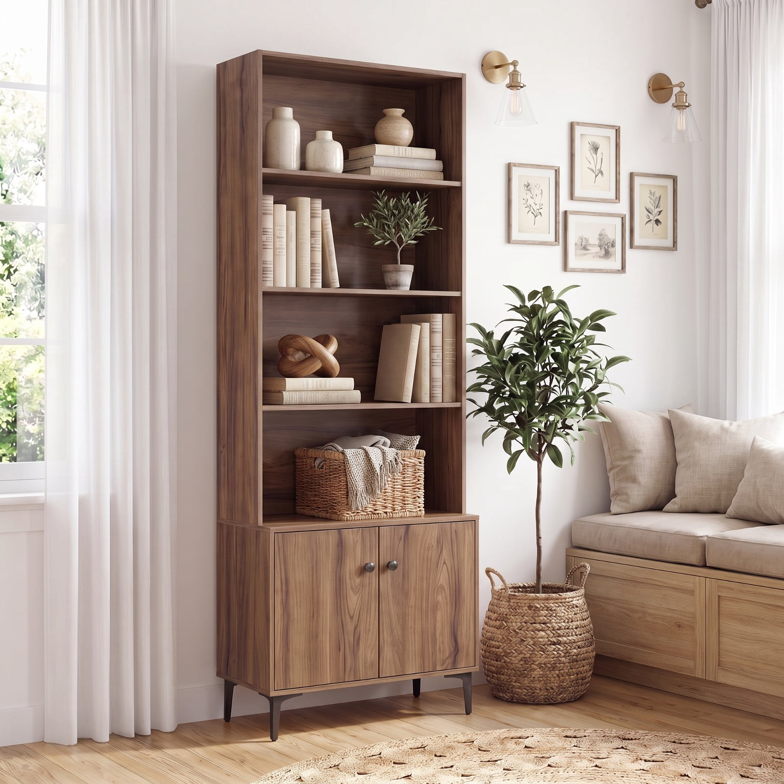 Furnibear Giantex Bookshelf with Doors and 2 Anti-Tipping Kits for Home Office for Living Room Home Office Bedroom Display Storage Shelf, Walnut
