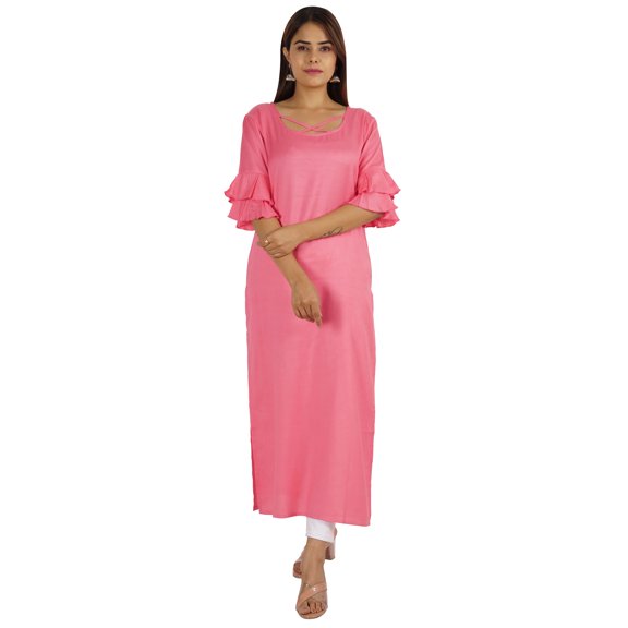 Moomaya Solid Rayon Kurta For Women bell Sleeve Drawstring Neck Long Ethnic Kurti