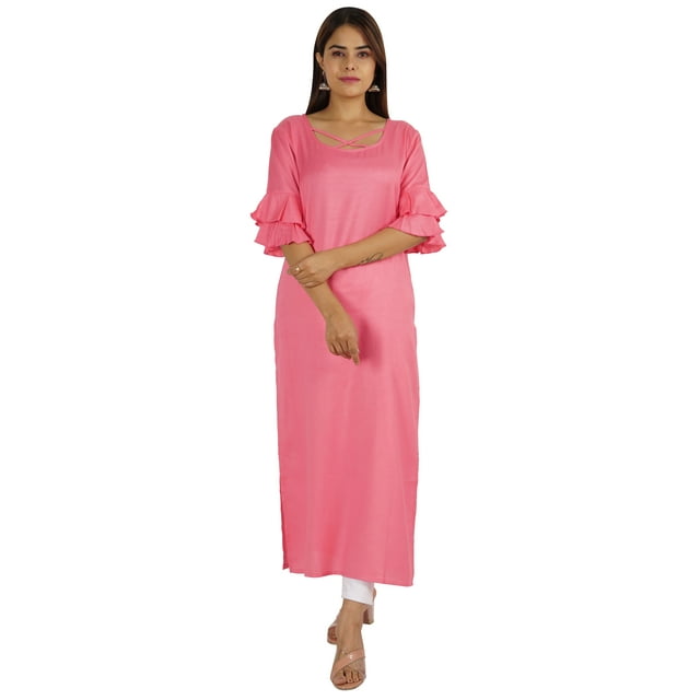 Moomaya Kurta en Rayonne Uni pour Femmes à Manches Évasées, Col à Cordon, Kurti Ethnique Long