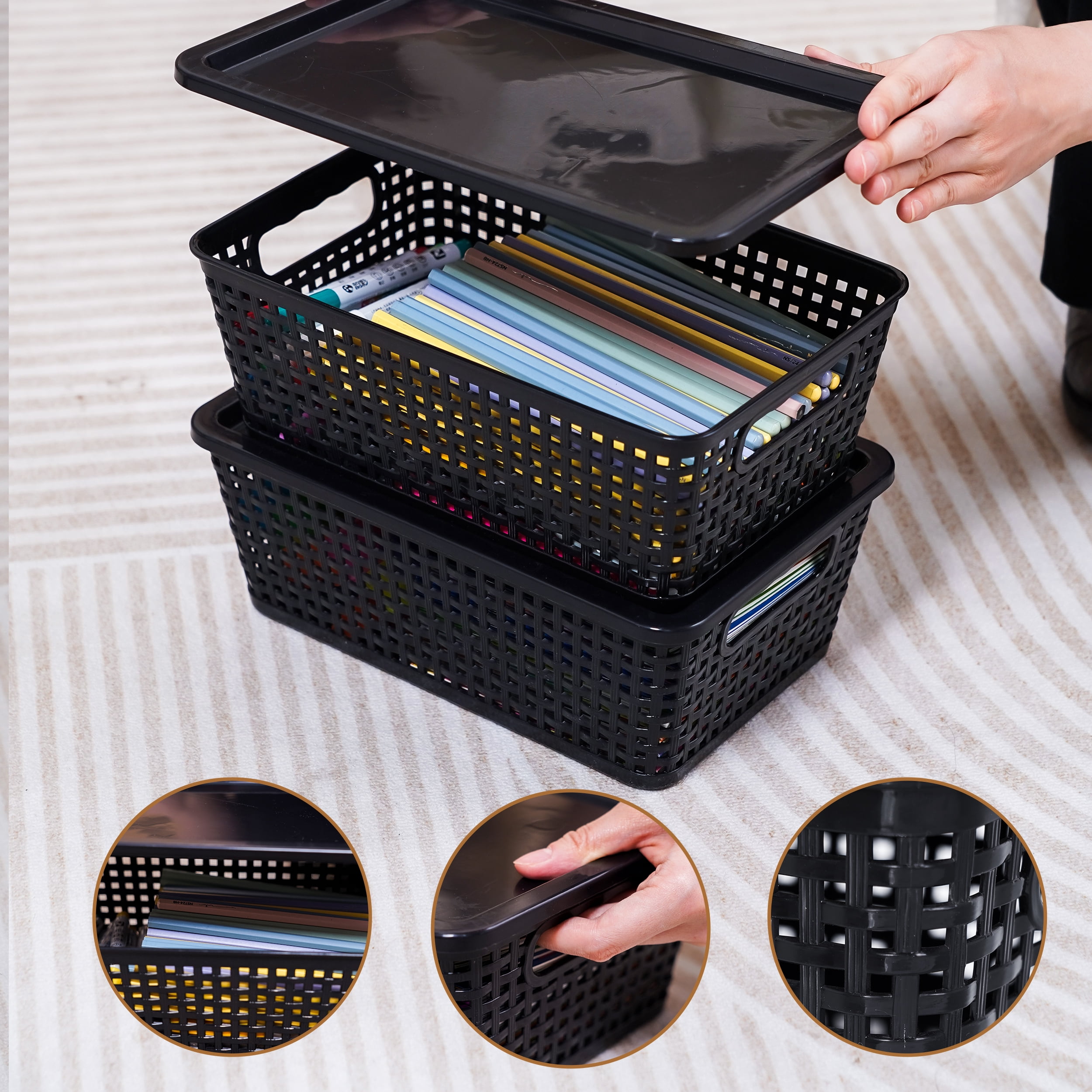 Small Plastic Storage Basket with Lid Handle 7x10.9x4 in Black 8 Pack