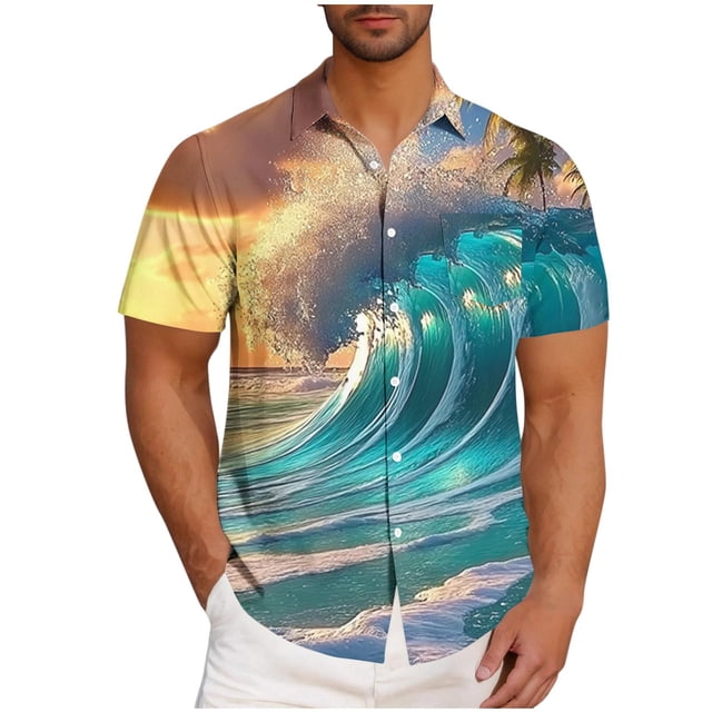 Mens Casual Manga Corta Botón Abajo Camisas Turndown Cuello Blusa de Impresión, Poliéster Ligero Top de la Moda para el Verano Al Aire Libre Y el Uso Diario