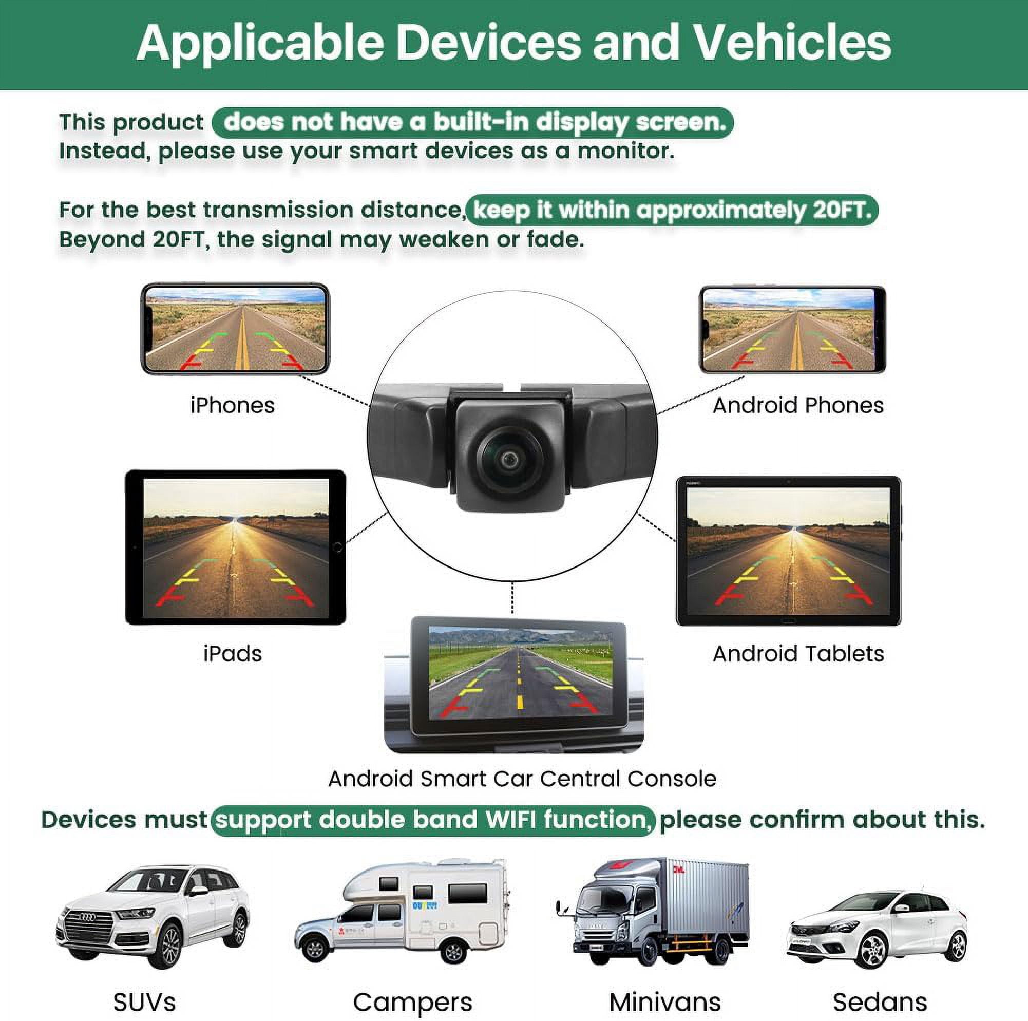 WiFi Car Wireless Backup Camera, 5G 720P HD Car License Plate Rear/Front View Reverse Camera for iPhone iPad Android Smart Phones Tablets Which Support Double Band WiFi