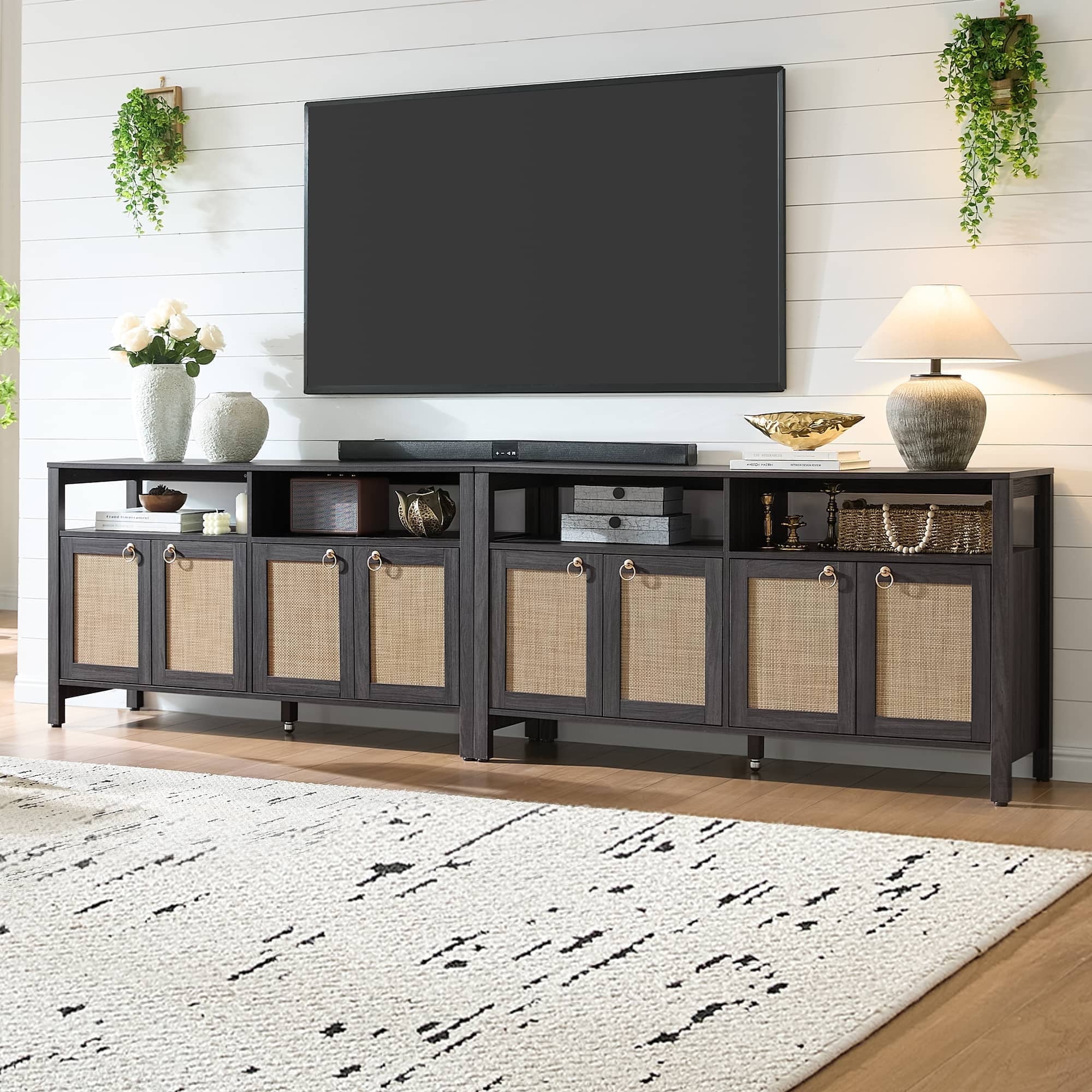 SICOTAS Boho TV Stand for TVs up to 65", Rattan 29.5" Tall Entertainment Center with Storage Cabinets & Adjustable Shelves , TV Console Table Set of 2 for Living Room, Black Oak