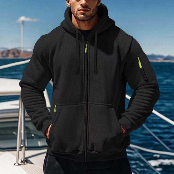 Pisexur Jackets for Men Comfortable Coats for Men Casual Fashion Solid Color Hooded Long-Sleeve Zip Pocket Outwear/Jackets Black,M