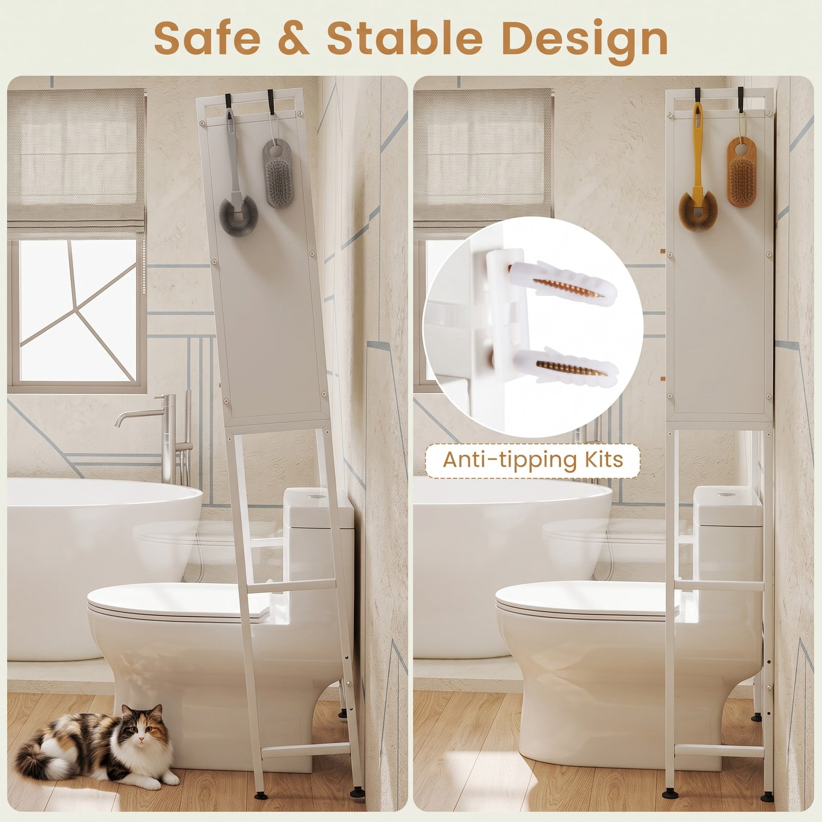 ALPULON Over the Toilet Cabinet Bathroom Organizer with 2 Flip-Up Fluted Door Cabinets and 4 Side Hooks for Storage, White