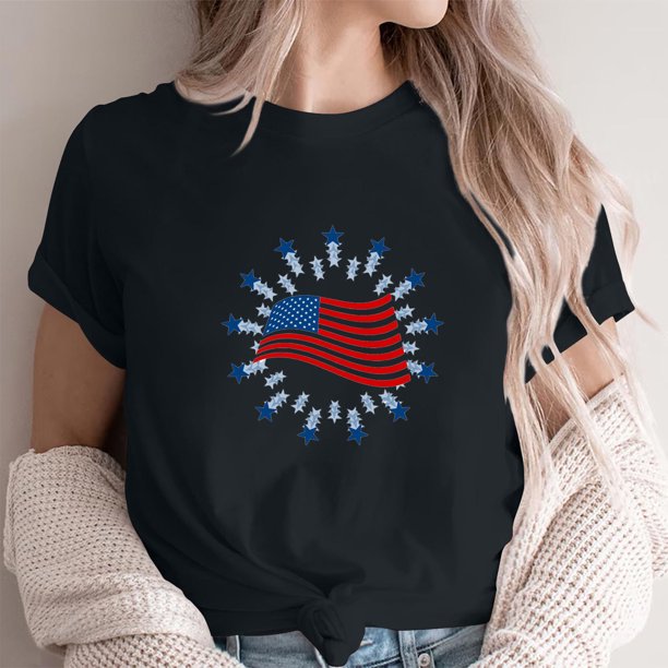 Fiudx Ofertas Flash Del Día Top de Manga Corta con Cuello Redondo y Estampado Del Día de La Independencia, Informal y Elegante para Mujer