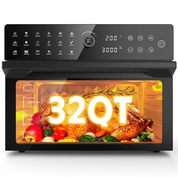 GINOST 32 QT (7.9 gal) Air Fryer Grill Combo – 1800 W, 20-in-1 Multi-Function Oven with 360° Circulation, Dual Presets, 13″ Pizza Pan & 7 Accessories, Transparent Door