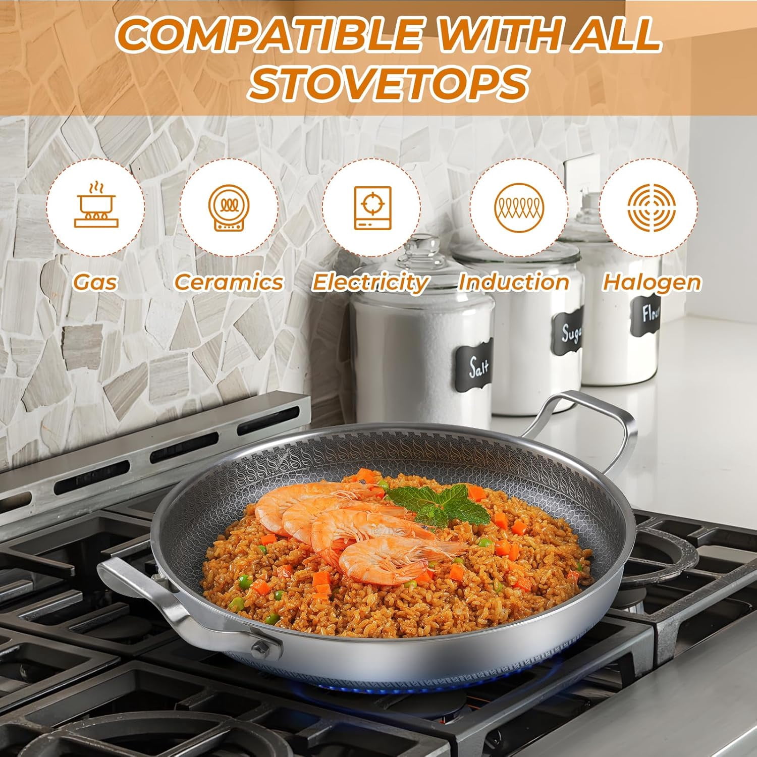 13 Inch Stainless Steel Frying Pan with Lid, Non Stick Cookware for All Stovetops