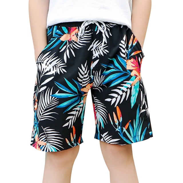 Pantalones de playa de verano para niños, pantalones de playa con estampado de hojas, pantalones de surf elásticos en los cuatro lados, pantalones cortos casuales (negro)