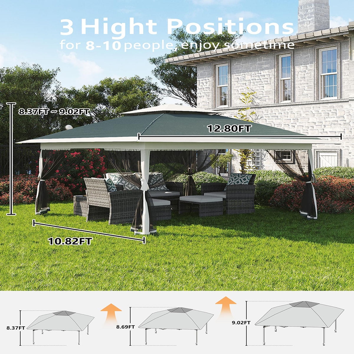 Ataucjin 13x13  Gazebo, Outdoor Canopy Tent with Mosquito Net, Height Adjustable Canopy Gazebo, Large Shade Tent for Camping, Lawn, Backyard, Garden, Patio