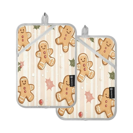 

A Pattern Of Cute Gingerbread Cookies Square Insulation Pads 2 Piece Heat Resistant 338 Degrees F Oven Mitts for Kitchen Table BBQ Microwave and Other Cooking Occasions
