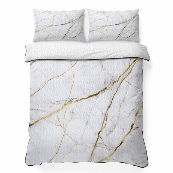 Twin XL Quilt Set, White Marble Gold Stripe Lightweight Quilt Sets Summer Comforter Coverlets with 2 Pillow Shams, Modern Minimalist Style Breathable 3 Piece Bedding Set for All Seasons