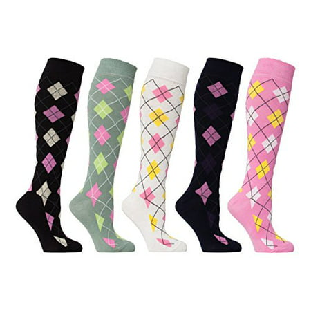 socks n socks - women's 5-pairs luxury cotton cool funky colorful fashion designer fun argyle knee high socks with gift (Best Gifts For Knee Replacement Patients)