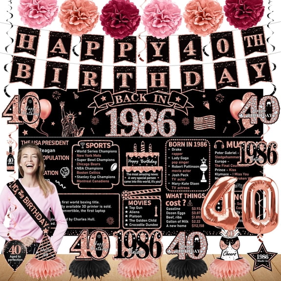 40th Birthday Decorations for Women, 21pcs the Year 1986 Banner Balloon Party Supplies, Rose Gold 40 Year Old Birthday Backdrop, 40 Bday Honeycomb Centerpiece Hanging Swirls Sash Gifts