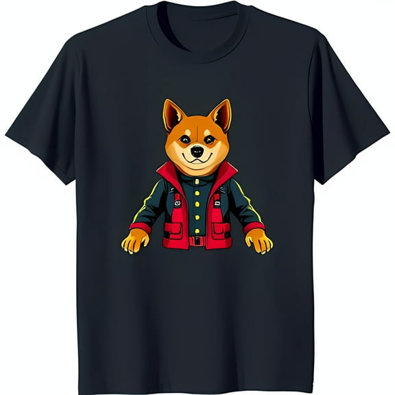 Funny Cartoon Shiba Inu T-Shirt Blue Tee with Smiling Dog in Red & Black