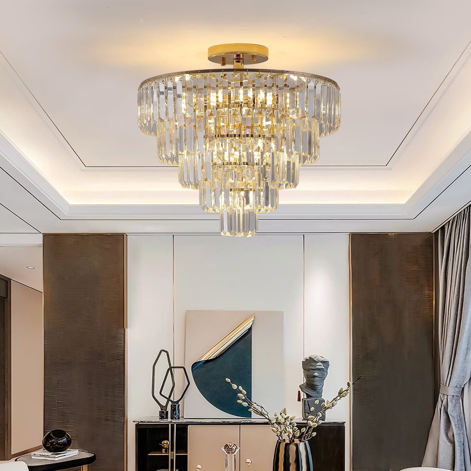 Large Contemporary Luxury Ceiling Lighting Gold Crystal Chandeliers,5-Tier 19.7in Round Semi Flush Mount Chandelier Light Fixture,for Living Room Dining Room Bedroom Hallway