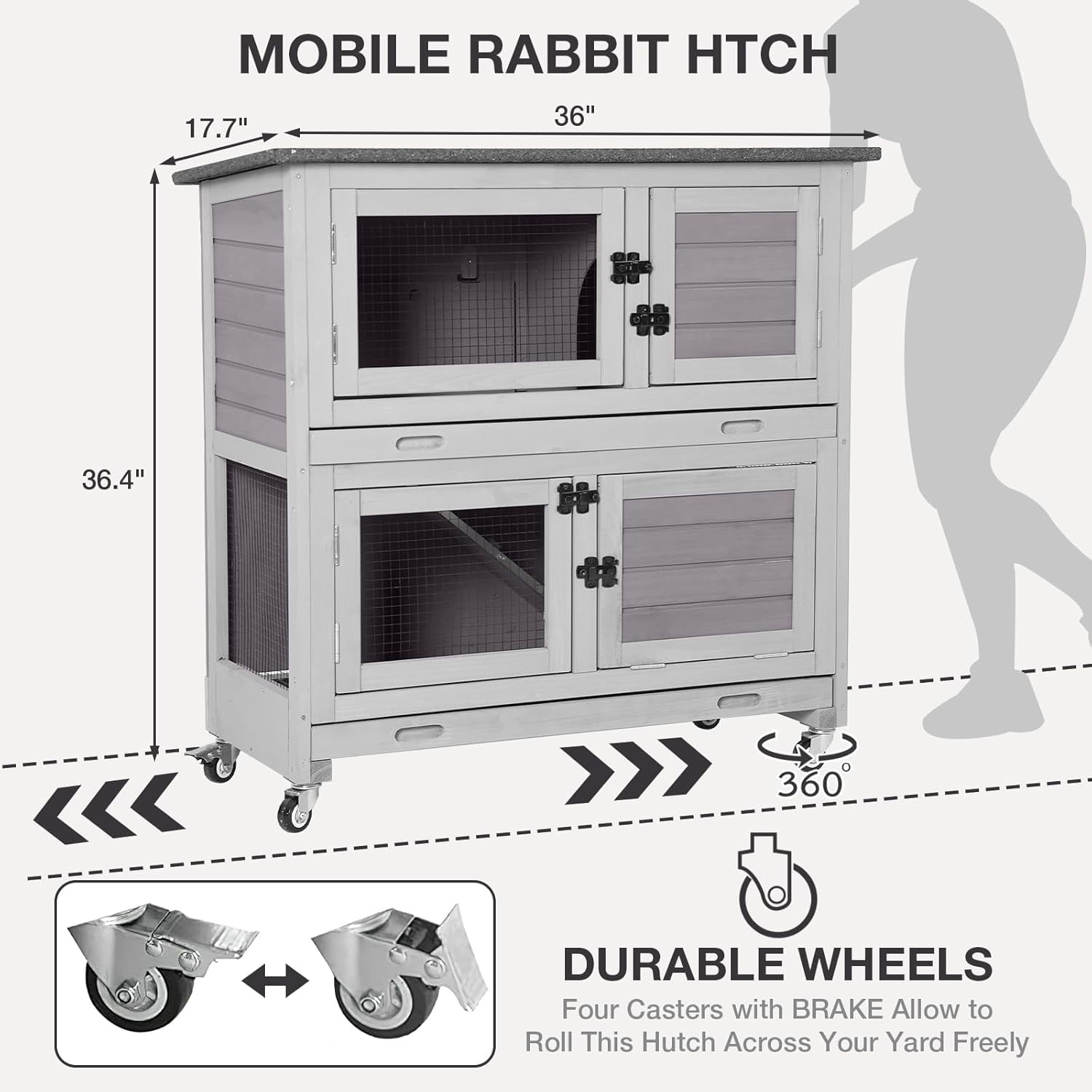 Rabbit Hutch Indoor with Trap Door Rabbit Cage with 4 Casters Bunny cage 2 Story & 2 Trays Guinea Pig Cage 36 inchs