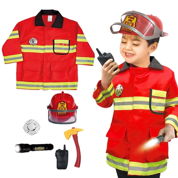 JCCXIN Child Toddler Boys Girls Halloween Fireman Outfits Career Role Play Dress-Up Party Clothes Coat With Accessories Set Trick Or Treat School Carnival Cute Outfit Sets,Red,4-9 Years
