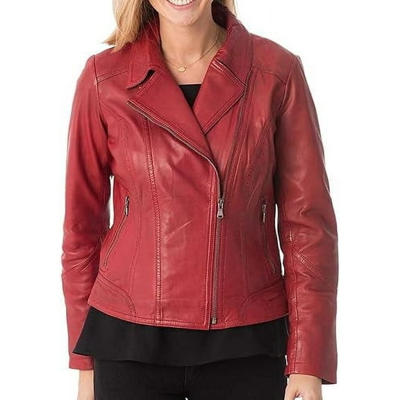 New Women's Red Leather Motorcycle Biker Jacket 100% Genuine Soft Lambskin W632