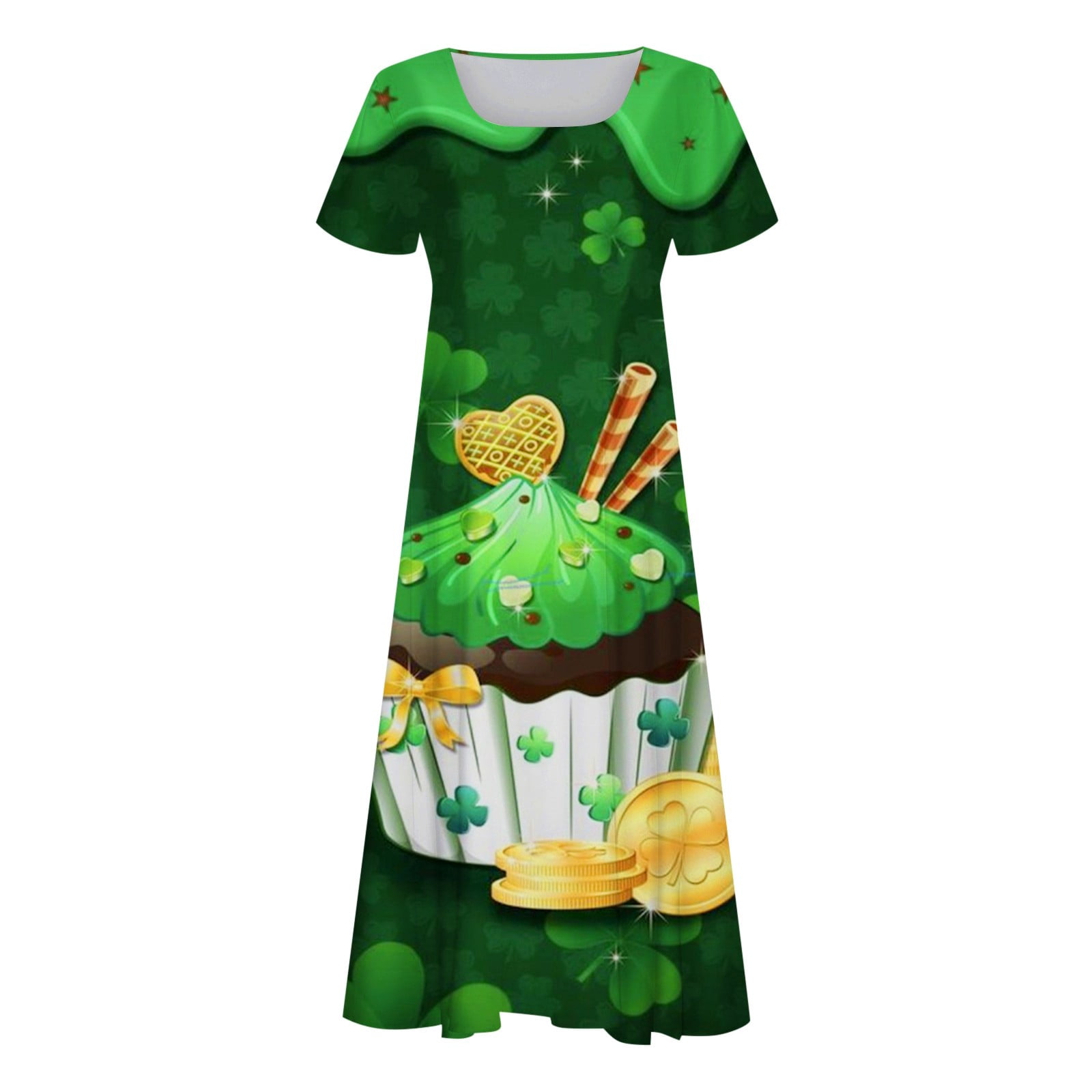 weeloloe Womens Dresses 2024 Spring Summer Short Sleeve Round Neck Floral Printed Loose Temperament Sundress Beach Club Party Daily Midi Dress Mint Green XL