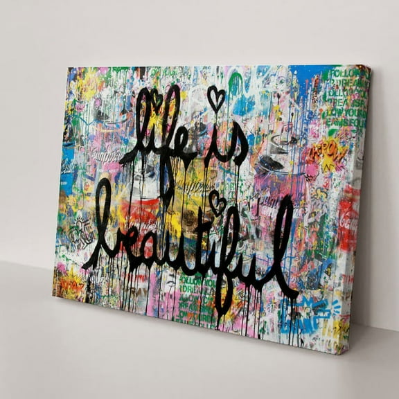 Banksy Canvas Wall Art Life is Beautiful Graffiti Abstract Painting Posters and Prints for Home Decor Living Room Office, Framed Ready to Hang(12" W x 8" H，Framed)